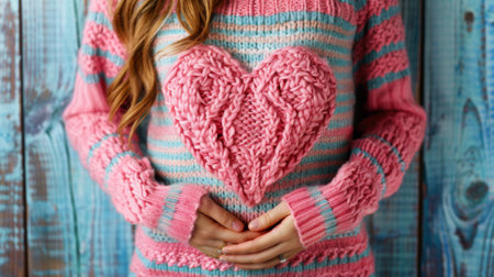 A woman wearing a sweater with heart shaped pattern on it, AIの素材