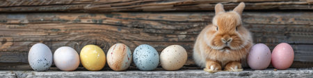 A rabbit sitting next to a row of colorful eggs on wood, AIの素材