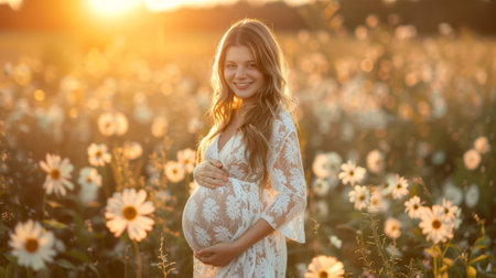 A pregnant woman in a white dress standing among flowers, AIの素材