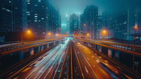 A city street with cars driving on it at night, AIの素材