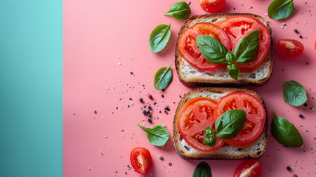 Two slices of bread with tomatoes and basil leaves on top, AIの素材