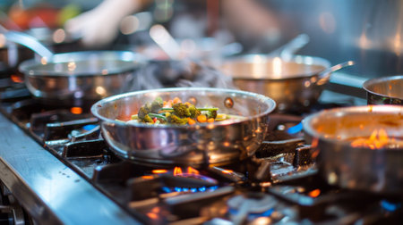 A bunch of pots and pans on a stove top with food in them, AIの素材