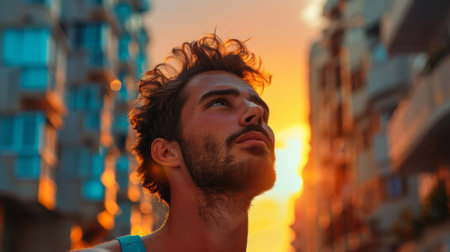 A man with beard looking up at the sun in a city, AIの素材