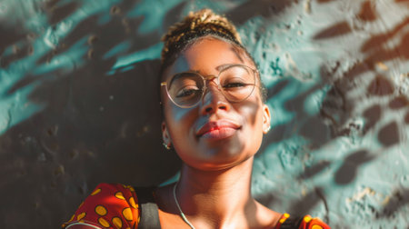 A woman wearing glasses and a red shirt is smiling, AIの素材