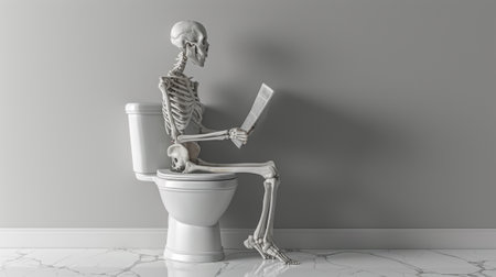 A skeleton sitting on a toilet reading while holding a book, AIの素材
