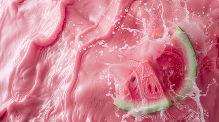 A slice of watermelon is in a pink liquid with bubbles, AIの素材