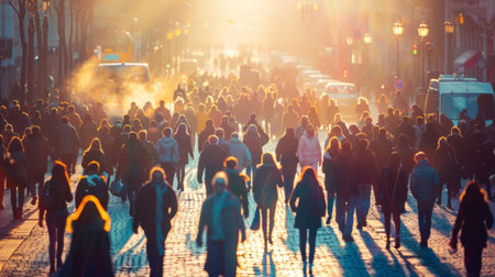 A large group of people walking down a street in the city, AIの素材
