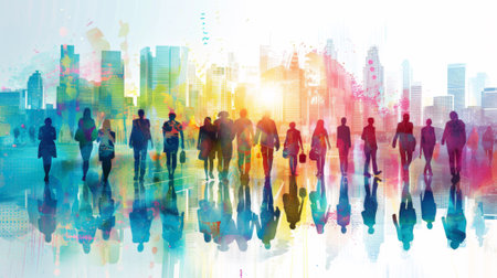 A group of people walking in a cityscape with colorful buildings, AIの素材