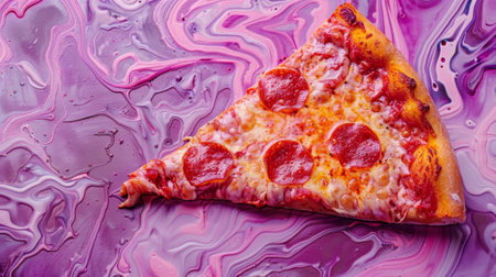 A slice of pizza is on a purple background with swirls, AIの素材
