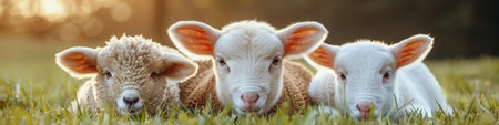 Three sheep laying down in a field of grass with their heads together, AIの素材