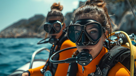 Two women in scuba gear on a boat with the ocean behind them, AIの素材