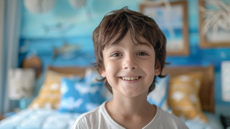 A young boy smiling in front of a bed with blue and white pillows, AIの素材