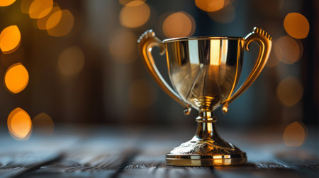A golden trophy sitting on a wooden table with lights in the background, AIの素材