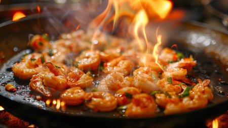 A pan of a skillet filled with shrimp and fire, AIの素材