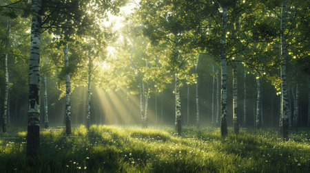 A forest with trees and grass in the sunlight, AIの素材