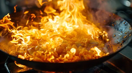 A wok full of food on fire in a stove top, AIの素材