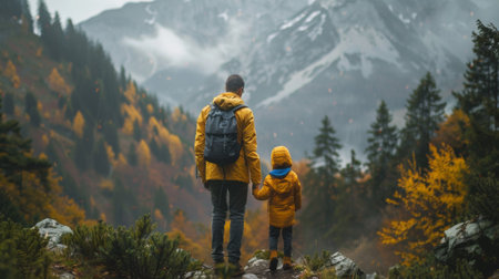 A man and child walking on a trail in the mountains, AIの素材