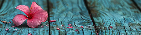A pink flower sitting on a wooden table with water droplets, AIの素材
