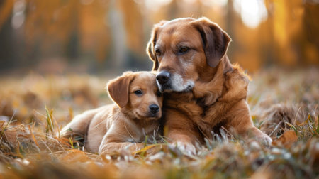 A brown dog laying on top of a golden retriever, AIの素材