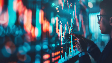 A man in glasses looking at a screen with stock prices, AIの素材
