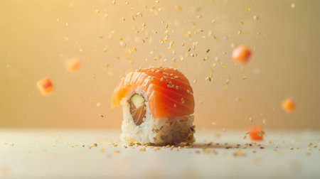 A sushi roll with salmon and other toppings being sprinkled on it, AIの素材