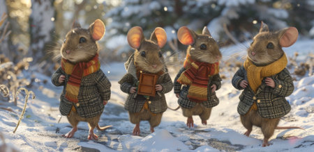 Three mice dressed in coats and scarves walking through the snow, AIの素材