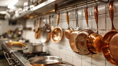 A kitchen with many pots and pans hanging on the wall, AIの素材