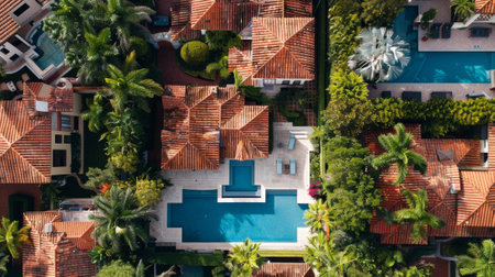 An aerial view of a pool surrounded by trees and houses, AIの素材