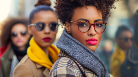 A group of women wearing glasses and scarves are standing in a line, AIの素材
