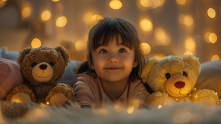 A little girl laying on the floor with two teddy bears, AIの素材