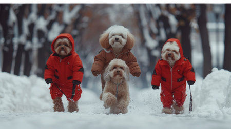Three dogs in red outfits walking through the snow with a person, AIの素材