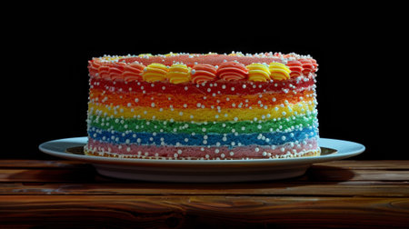 A large rainbow cake on a plate with sprinkles and frosting, AIの素材