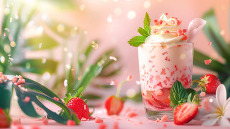 A glass of a milkshake with strawberries and leaves on top, AIの素材