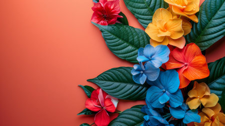 A close up of a colorful arrangement with leaves and flowers, AIの素材