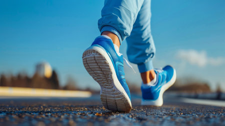 A person wearing blue sneakers running on a road, AIの素材