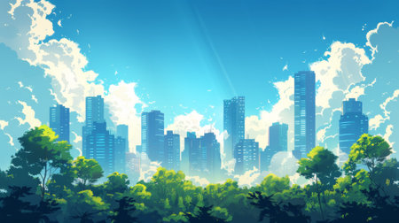 A painting of a city with trees and clouds in the background, AIの素材