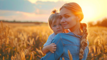 A woman holding a child in the middle of a field, AIの素材