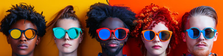 A group of people wearing colorful sunglasses with different colored hair, AIの素材