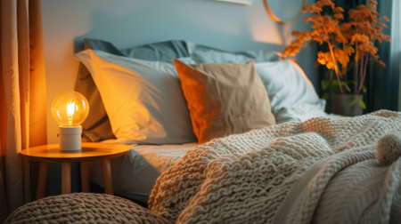 A bed with a blanket and pillows on it in the bedroom, AIの素材