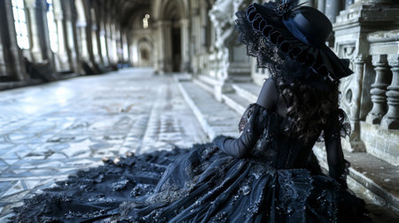 A woman in a black dress sitting on the floor, AIの素材