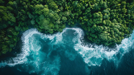 An aerial view of a forested area with water and trees, AIの素材