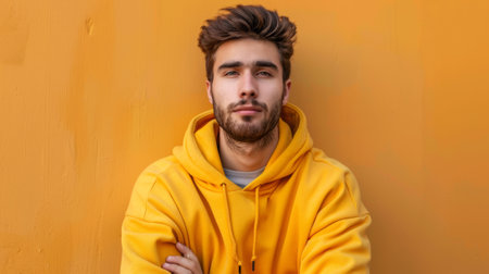 A man in a yellow hoodie with his arms crossed, AIの素材