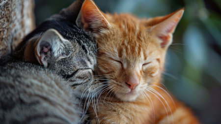 Two cats are cuddling together on a tree branch, AIの素材