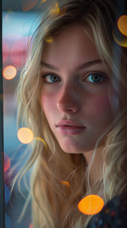 A close up of a woman with blonde hair and blue eyes, AIの素材