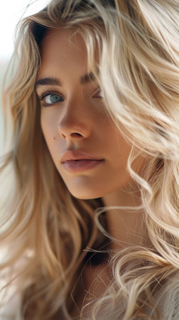 A close up of a woman with long blonde hair laying down, AIの素材