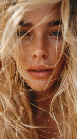 A close up of a woman with blonde hair laying down, AIの素材