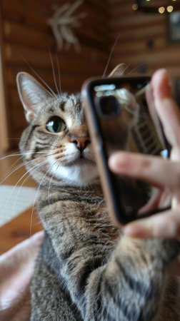 A cat holding a cell phone in its paws while being held by someone, AIの素材