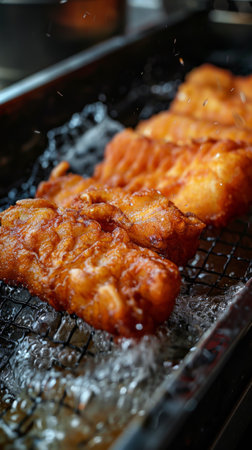A close up of fried food on a grill with water, AIの素材