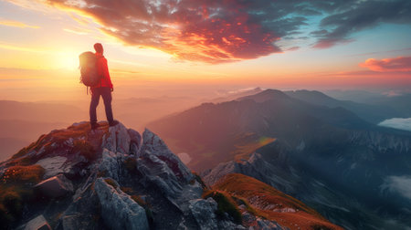 A man standing on top of a mountain with his back to the sun, AIの素材