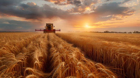 A large field of wheat with a combine harvesting the crop, AIの素材